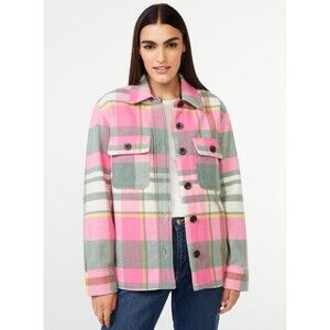 NWOT FREE ASSEMBLY Wool Blend Pink/Green Plaid Shacket, Sz XS